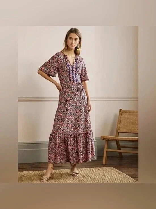 Boden Women’s Size 10R Paisley Floral Tiered V-Neck Flutter Sleeve Maxi Dress - Picture 1 of 5